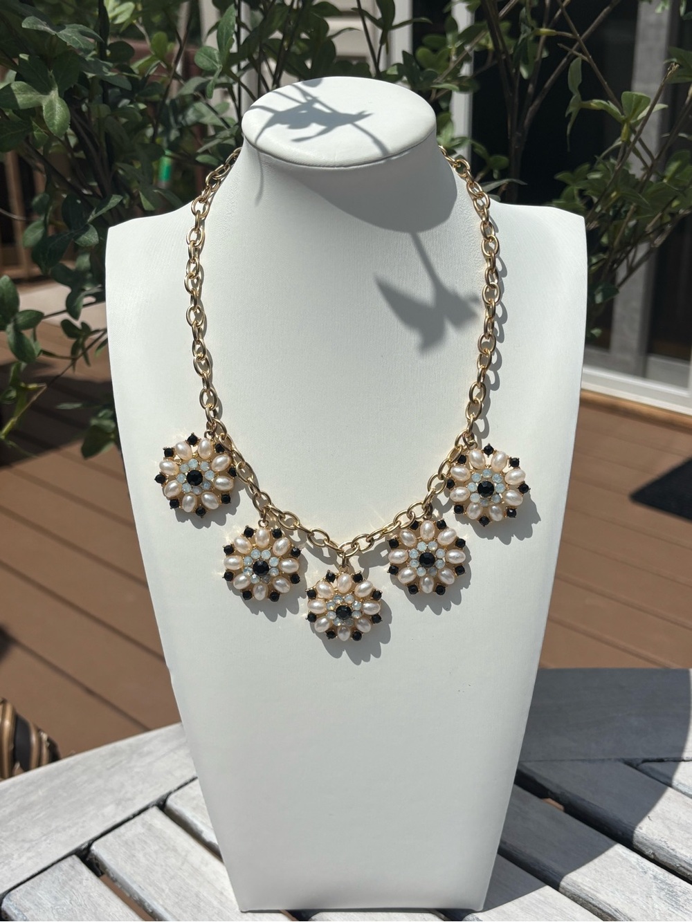 Gold Floral Pearl and Black Bead Statement Necklace